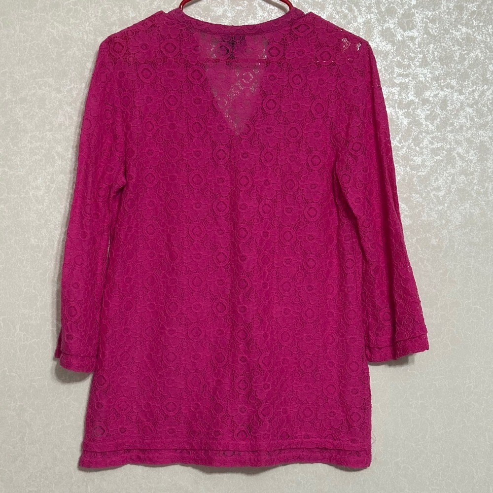 Nicole Miller Hot Pink Floral Top Semi Sheer Lace Blouse V-Neck 3/4 Sleeve S - Picture 2 of 4